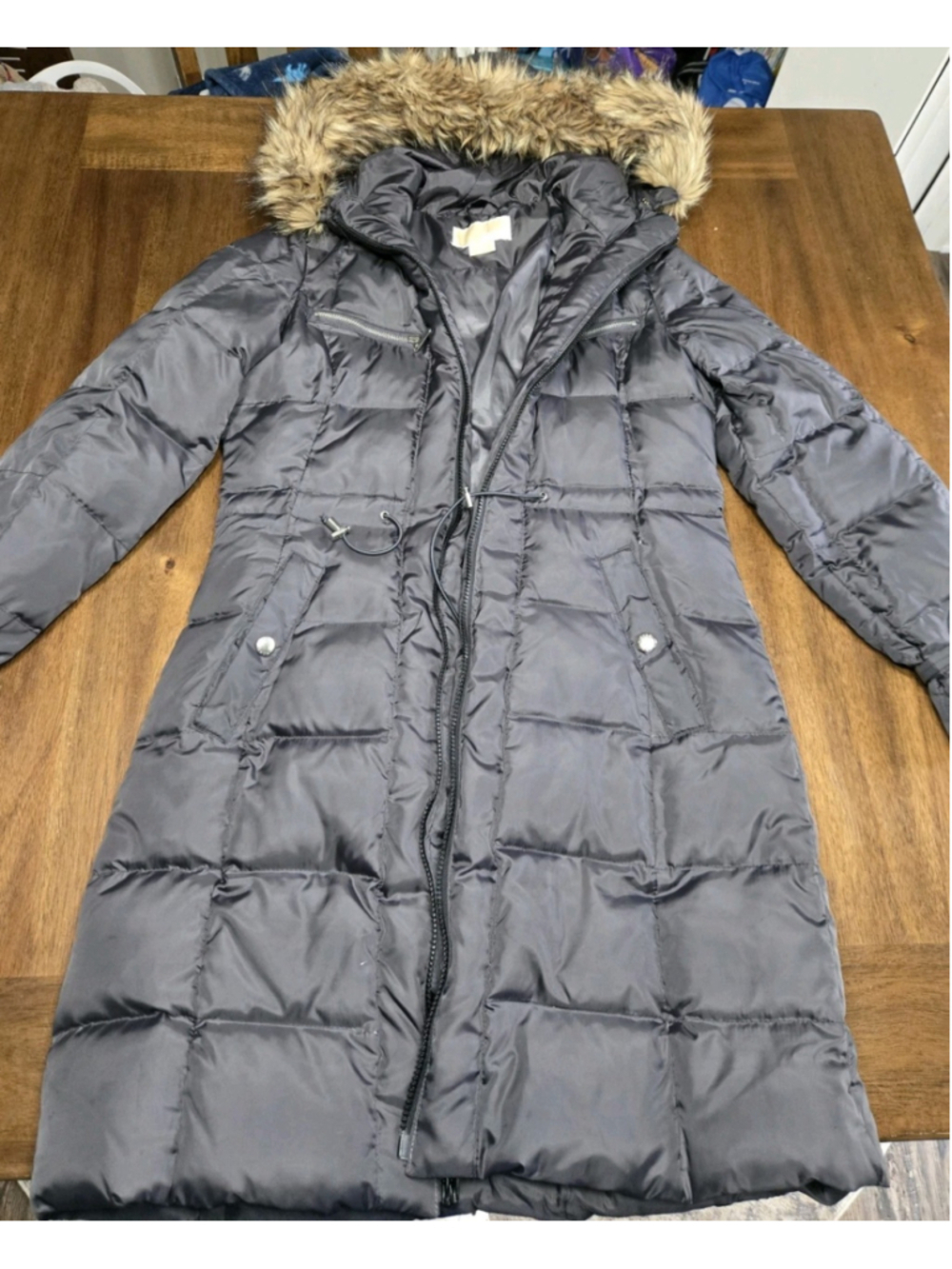 Michael Kors Womens Small Grey Long Puffer Coat Faux Fur Hood Winter Jacket Zip